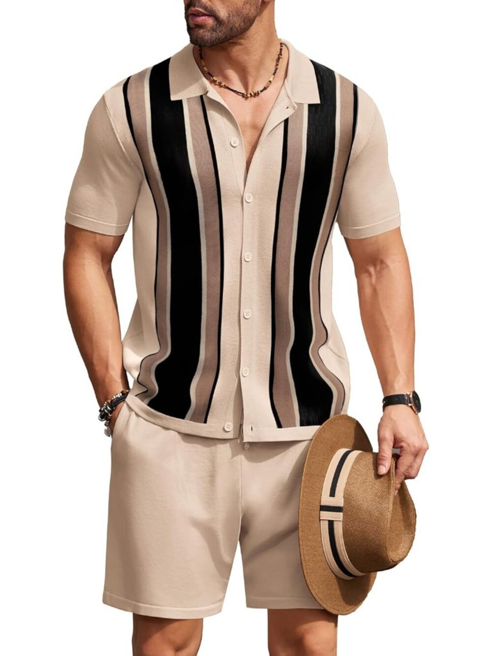 Coofandy Men's Black Stripe Vintage Short Sleeve Button Down Knit Polo Shirts